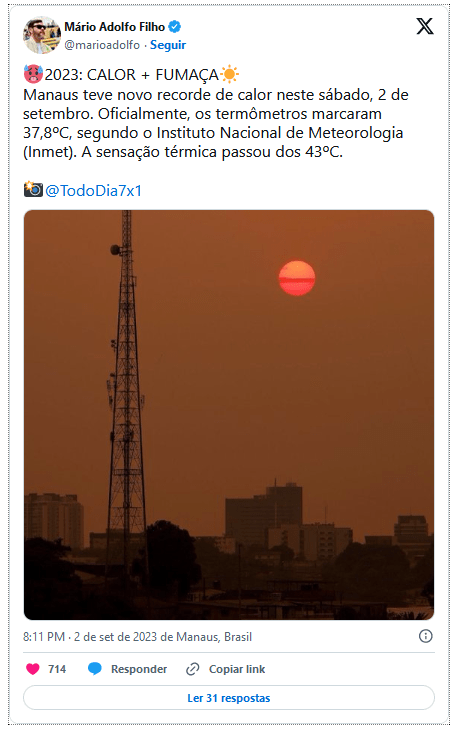 Recorde de calor: Manaus registra 37,8ºC neste sábadoRecorde de calor: Manaus registra 37,8ºC neste sábado 2