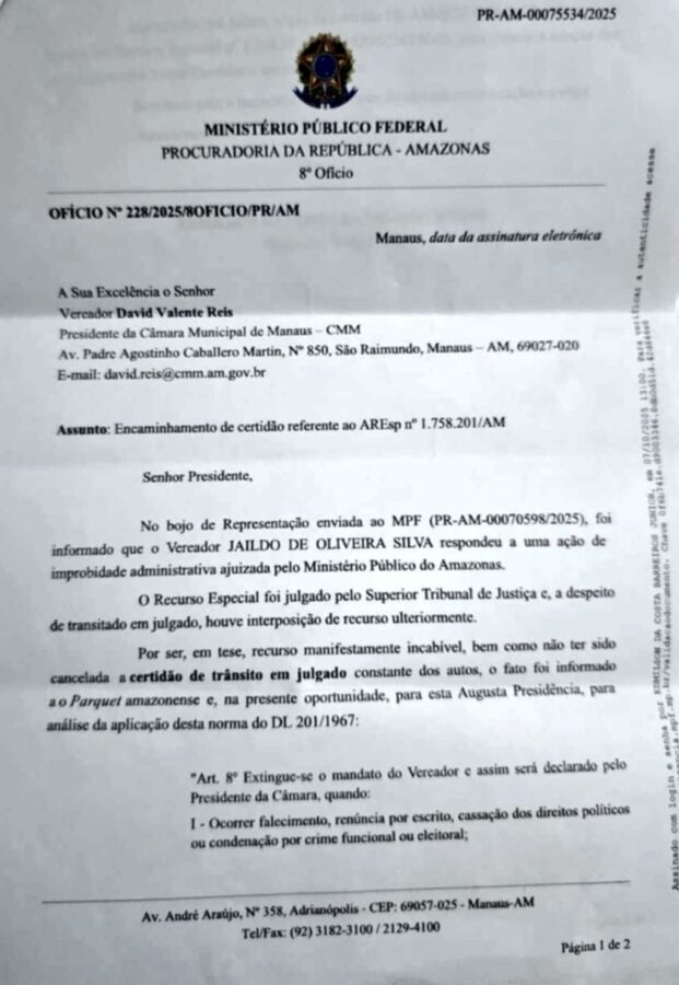 Cassação de Jaildo de Oliveira chega oficialmente à Câmara de Manaus; David Reis recebe comunicado 2